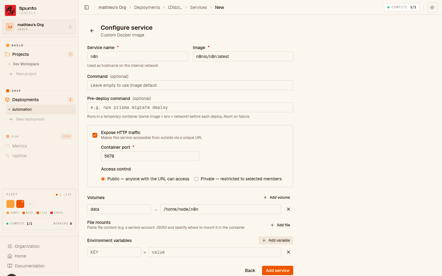 Configure service form filled in with n8n's image, exposed port 5678, and a data volume mounted at /home/node/.n8n