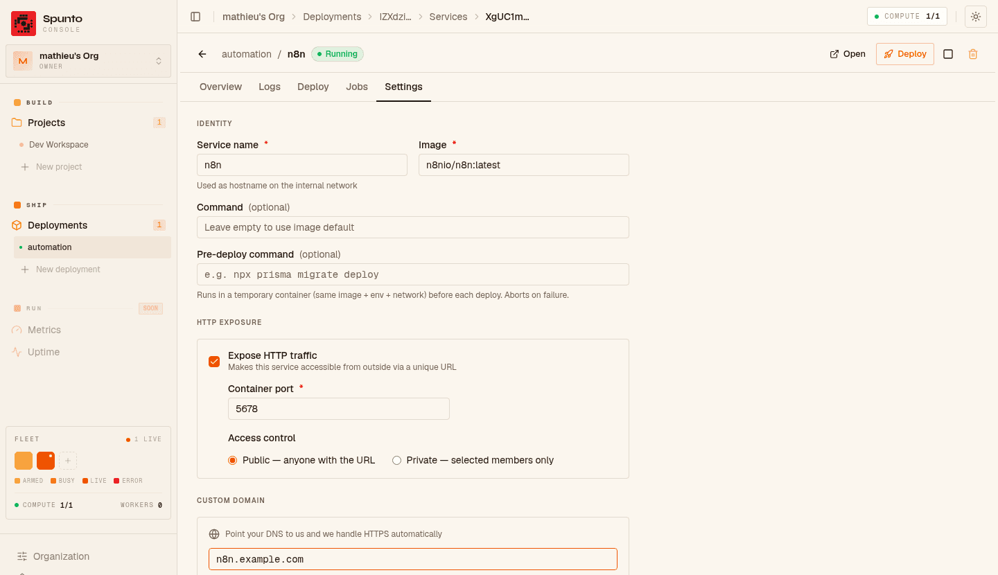 n8n service settings with the Custom domain field set to n8n.example.com